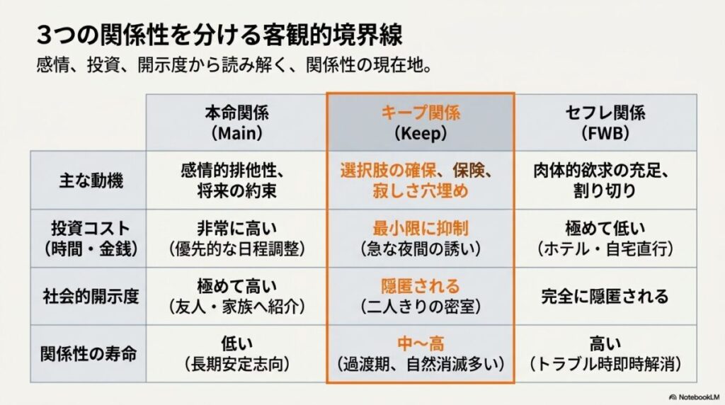 本命・キープ・セフレの動機、投資コスト、社会的開示度、寿命を比較した表。