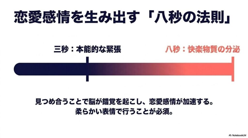 恋愛感情を生み出す八秒の法則を解説したスライド。三秒で本能的な緊張、八秒で快楽物質の分泌が起こり恋愛感情が加速する。