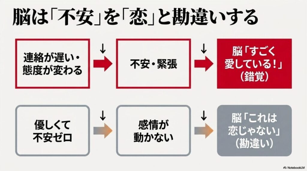脳が相手への不安や緊張を恋と錯覚し、逆に不安がない状態を恋ではないと勘違いするメカニズムのフローチャート