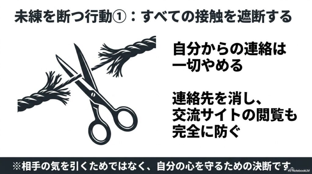 未練を断つ行動1：すべての接触を遮断する。自分からの連絡は一切やめ、連絡先や交流サイトの閲覧も完全に防ぐ決断が必要です。