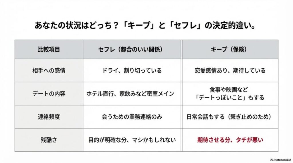 キープ（保険）とセフレ（都合のいい関係）の違いを比較した一覧表