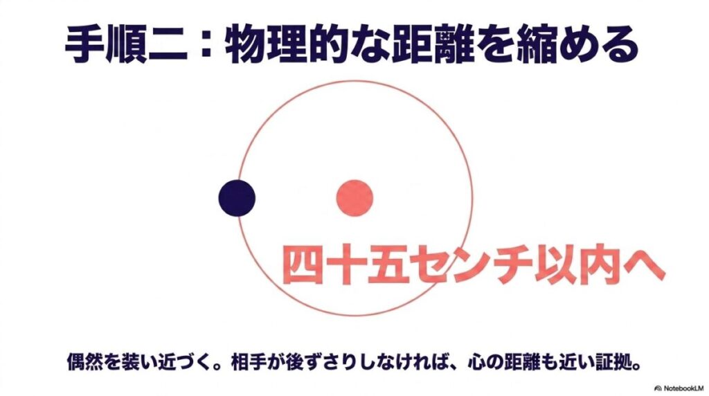 関係を進める手順二のスライド。四十五センチ以内へ偶然を装い近づき、相手の反応で心の距離を測る。