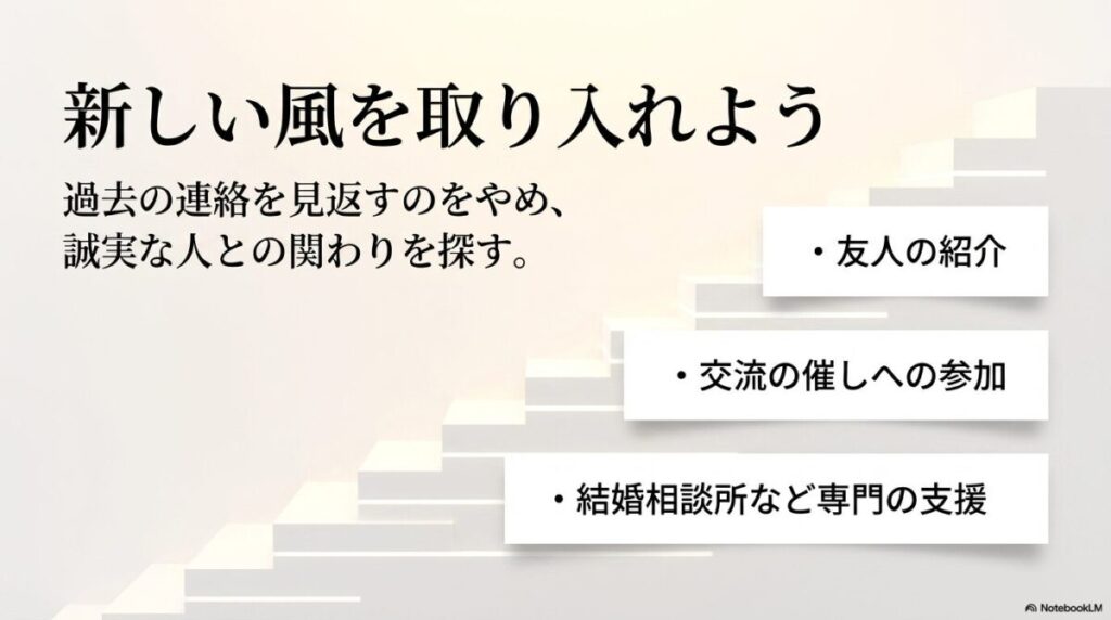新しい風を取り入れよう。過去の連絡を見返すのをやめ、友人の紹介や交流の催し、結婚相談所などを通じて誠実な人との関わりを探す。
