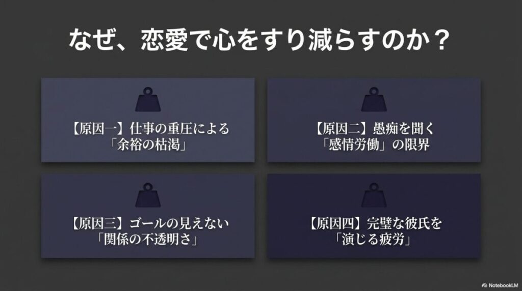 なぜ、恋愛で心をすり減らすのか？仕事の重圧、感情労働、関係の不透明さ、演じる疲労の4つの原因