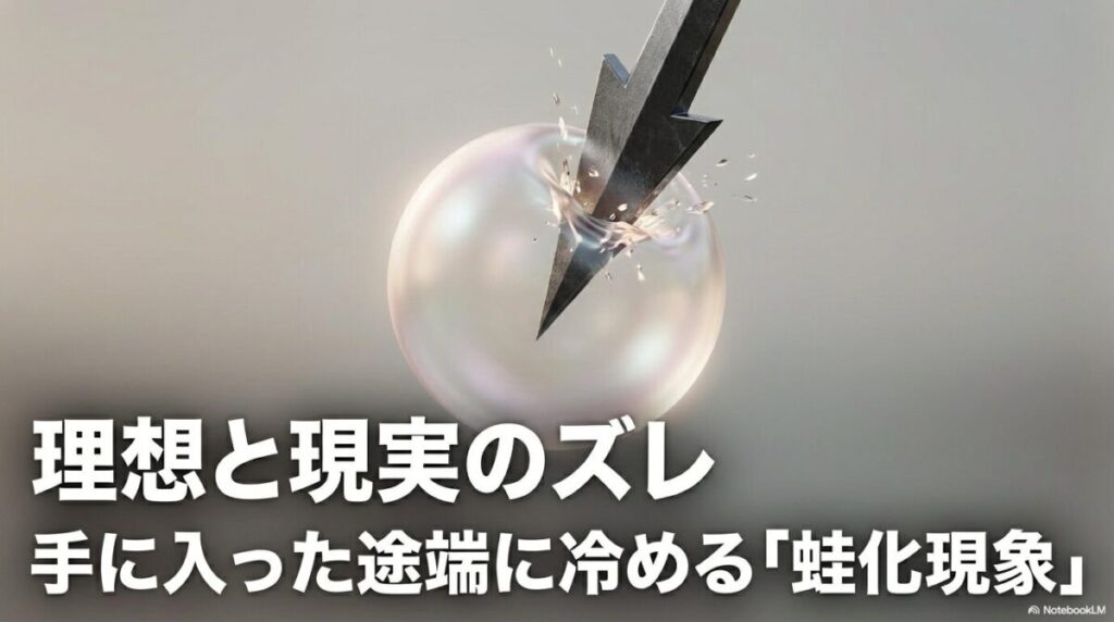 理想と現実のズレにより、手に入った途端に気持ちが冷める蛙化現象を説明したスライド