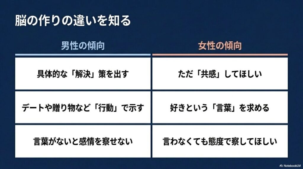 男性は解決志向・行動重視、女性は共感志向・言葉重視という男女のコミュニケーション傾向の違いを比較した表