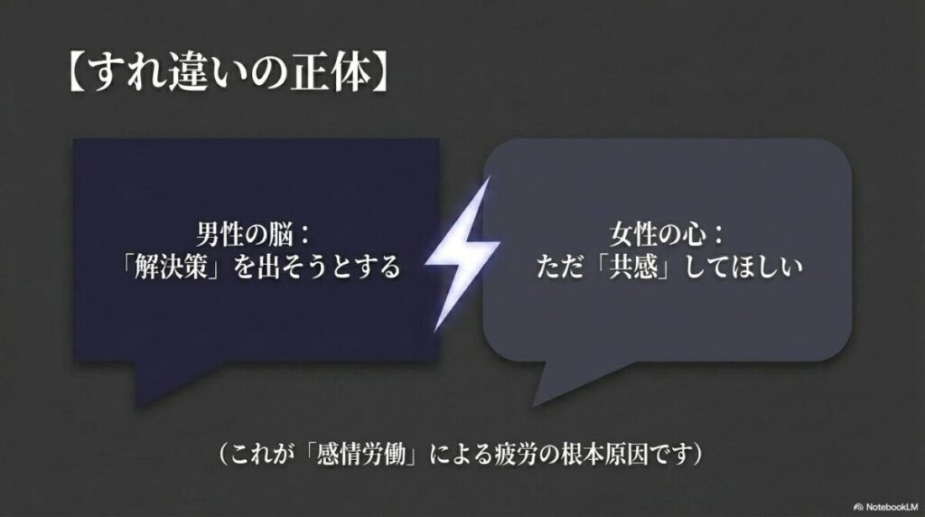 稲妻のイラスト。解決策を出そうとする男性の脳と、ただ共感してほしい女性の心のすれ違いの正体