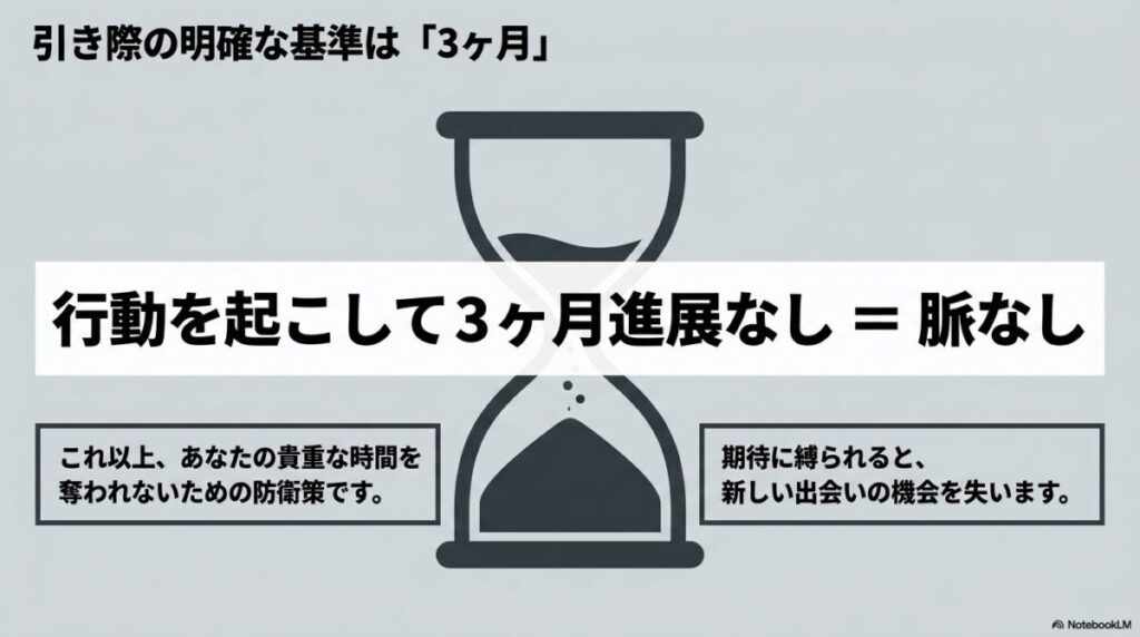 引き際の明確な基準は3ヶ月。行動を起こして3ヶ月進展なしは脈なしのサインであり、貴重な時間を奪われないための防衛策です。