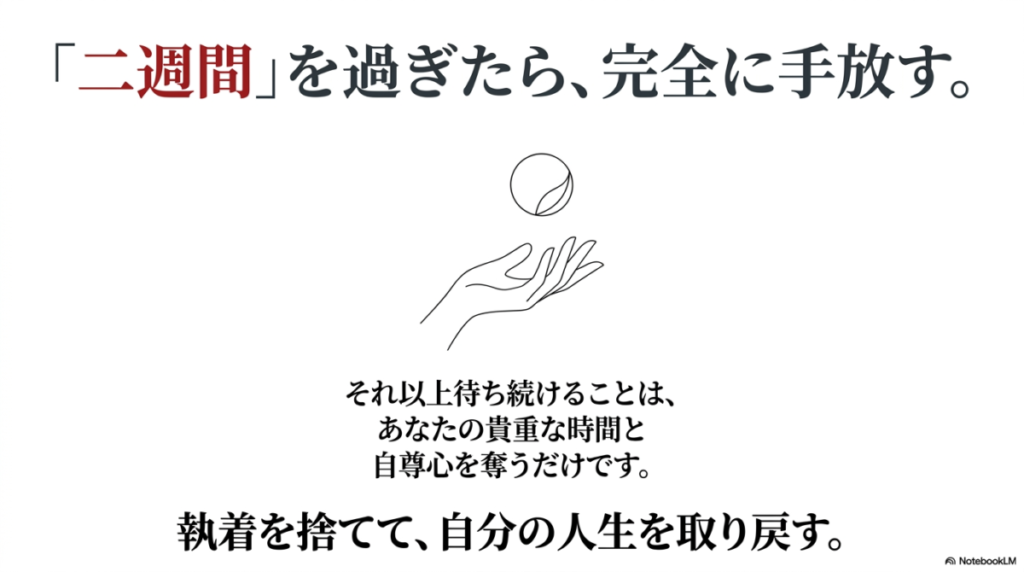 二週間を過ぎたら完全に手放す。これ以上待ち続けるのは時間と自尊心を奪うだけ。執着を捨てて自分の人生を取り戻そう。