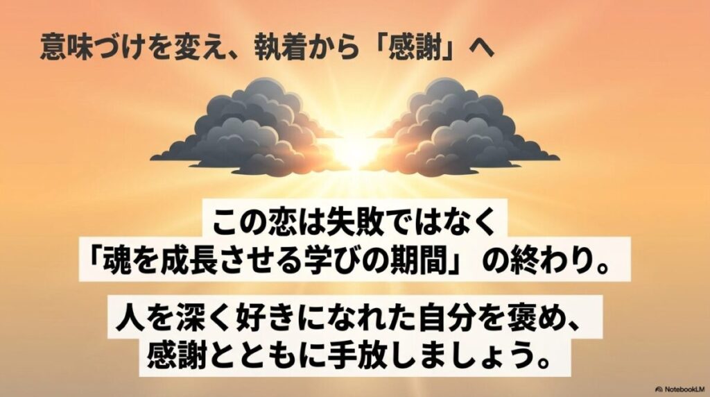 意味づけを変え、執着から感謝へ。この恋は失敗ではなく魂を成長させる学びの期間であり、感謝とともに手放しましょう。