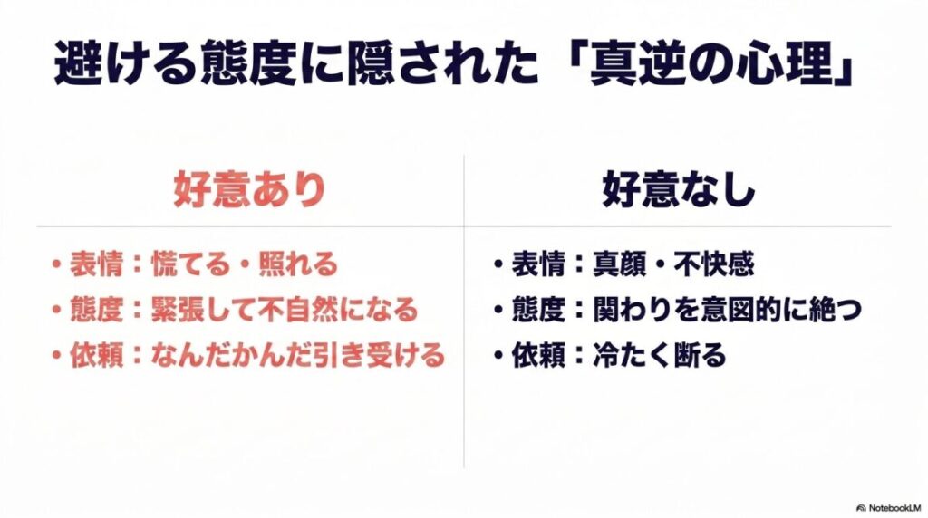 避ける態度に隠された真逆の心理を解説したスライド。好意ありの好き避けと、好意なしの嫌い避けの表情や態度の違い。