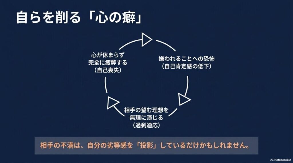 嫌われる恐怖から相手の望む理想を無理に演じ、心が疲弊していく「自己肯定感の低下と過剰適応」のサイクル図