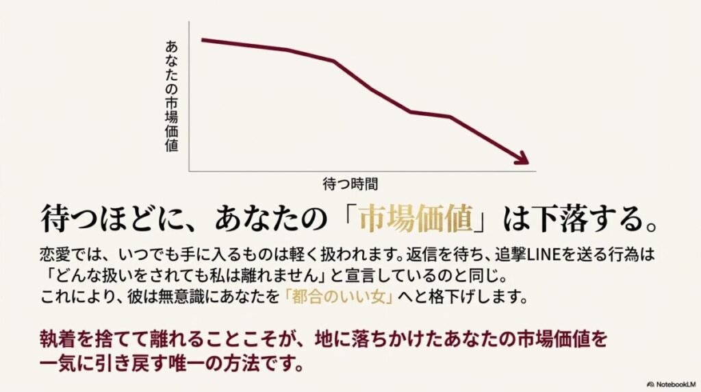 連絡を待つ時間が長くなるほど女性の市場価値は下落するというグラフ