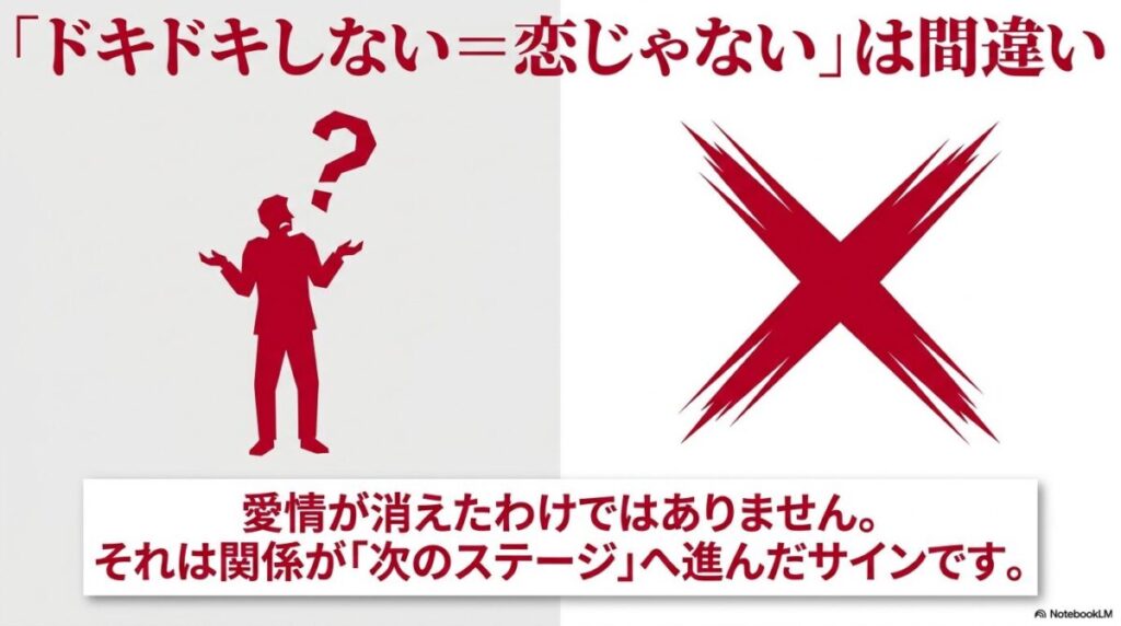 「ドキドキしない＝恋じゃない」は間違いであり、愛情が消えたわけではなく関係が次のステージへ進んだサインであることを解説する図解