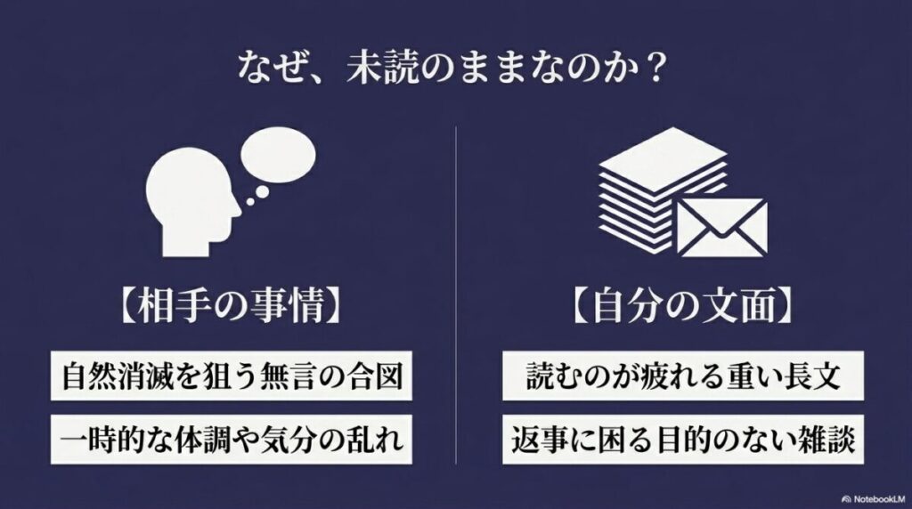 なぜ未読のままなのか？相手の事情として自然消滅を狙う無言の合図や体調の乱れ、自分の文面として重い長文や目的のない雑談が挙げられる。