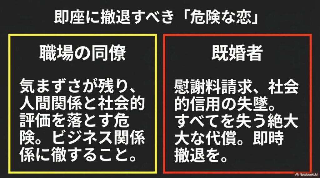 即座に撤退すべき危険な恋。職場の同僚へのアプローチによる人間関係の悪化や、既婚者との恋愛による慰謝料請求などの絶大な代償について。