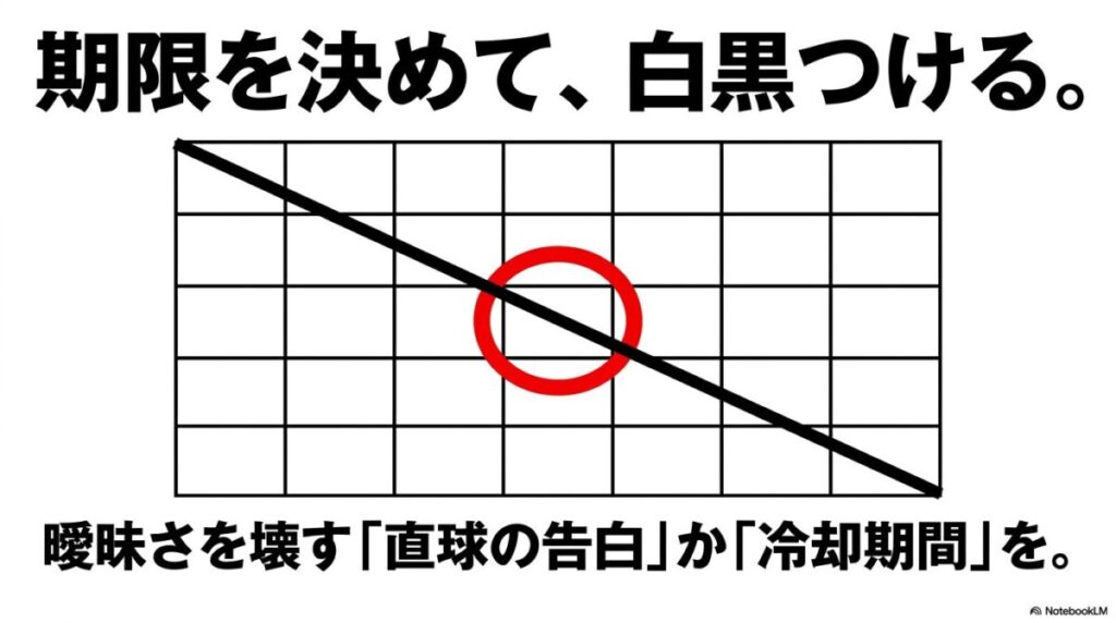 期限を決めて白黒つけるために、直球の告白か冷却期間を設けることを提案するスライド