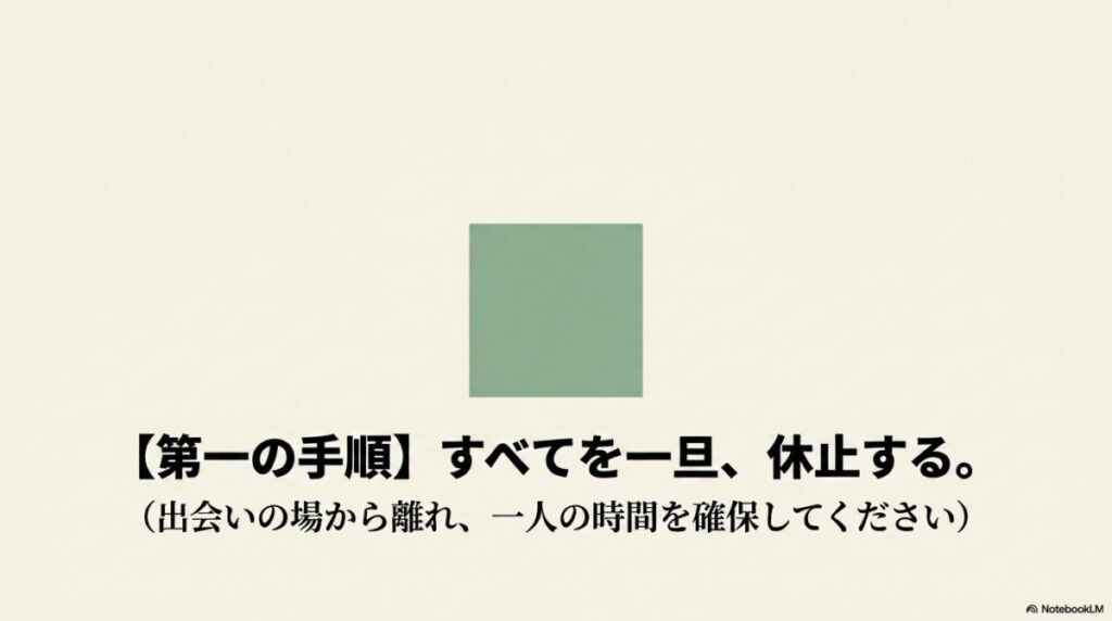 第一の手順：すべてを一旦、休止する。出会いの場から離れ、一人の時間を確保してください
