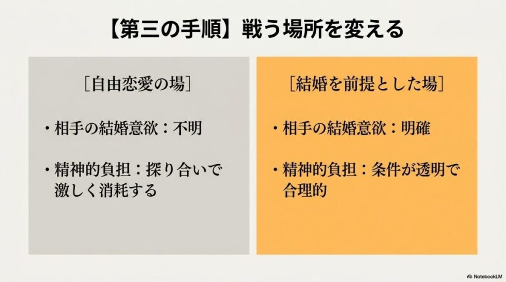 第三の手順：戦う場所を変える。自由恋愛の場と結婚を前提とした場の精神的負担の比較