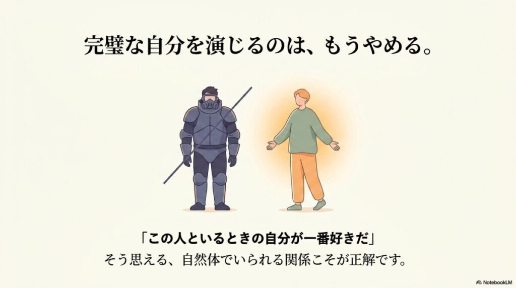 重装備の男性とラフな服装の男性のイラスト。完璧な自分を演じるのは、もうやめる。「この人といるときの自分が一番好きだ」と思える関係が正解