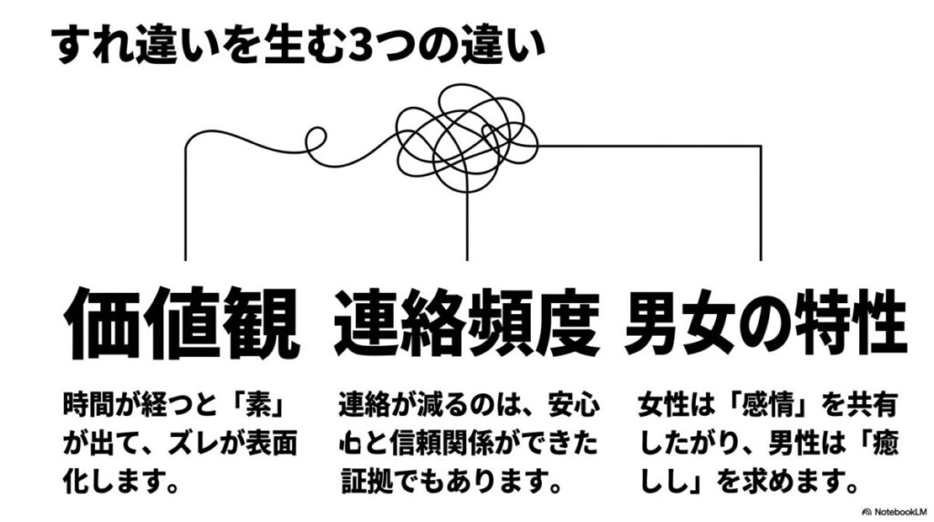 すれ違いを生む3つの違い（価値観、連絡頻度、男女の特性）