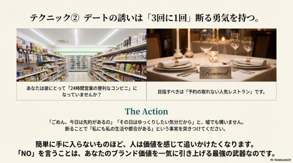 24時間営業のコンビニと予約席の札が置かれたレストランの対比画像。安売りせず断る勇気を持つことの重要性。