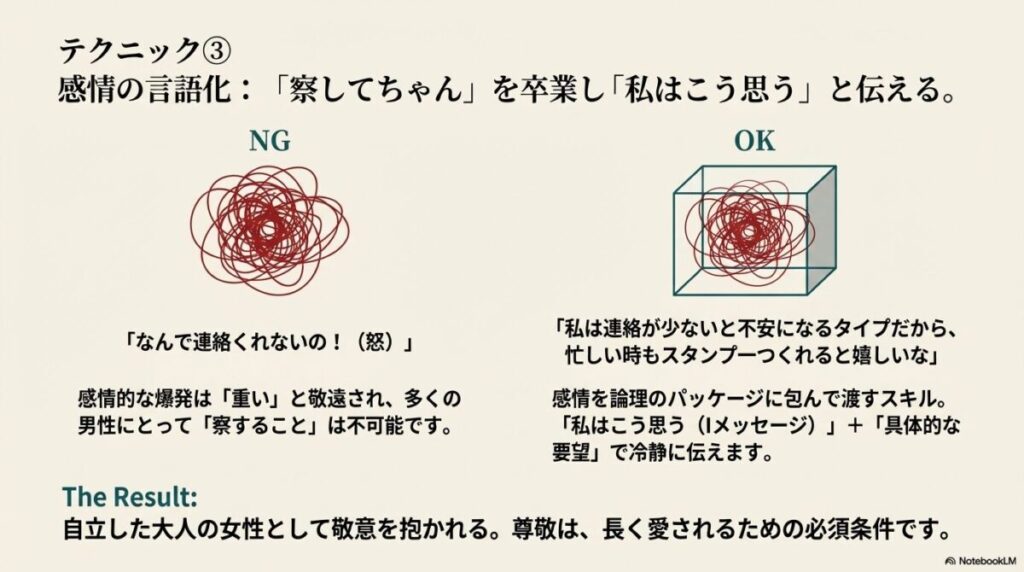 絡まった赤い糸（感情的）と箱に整理された糸（論理的）の対比。察してちゃんを卒業し、具体的に要望を伝える会話術。