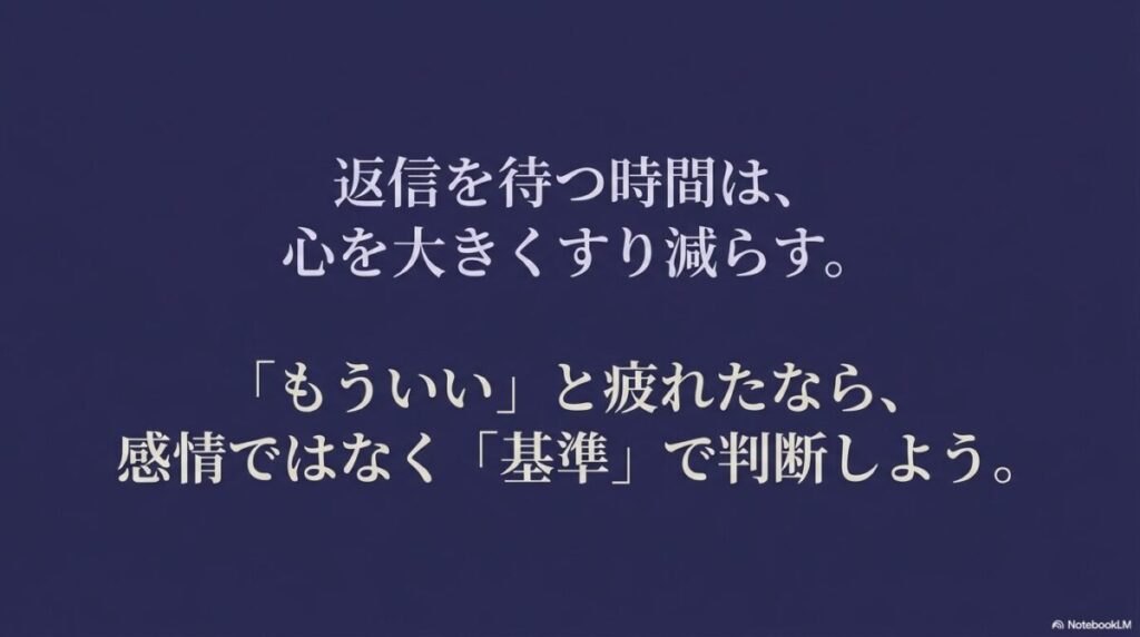 返信を待つ時間は、心を大きくすり減らす。「もういい」と疲れたなら、感情ではなく基準で判断しよう。