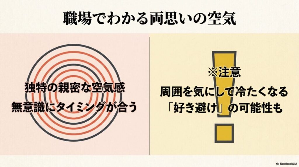 職場でわかる両思いの空気：独特の親密な空気感、無意識にタイミングが合うこと、および周囲を気にして冷たくなる「好き避け」の可能性について