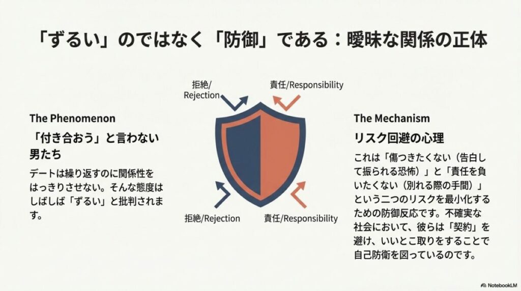 盾（シールド）のイラスト。四方から来る「拒絶（Rejection）」と「責任（Responsibility）」という矢印を盾で防いでいる図。傷つきたくない、責任を負いたくないという心理を表している