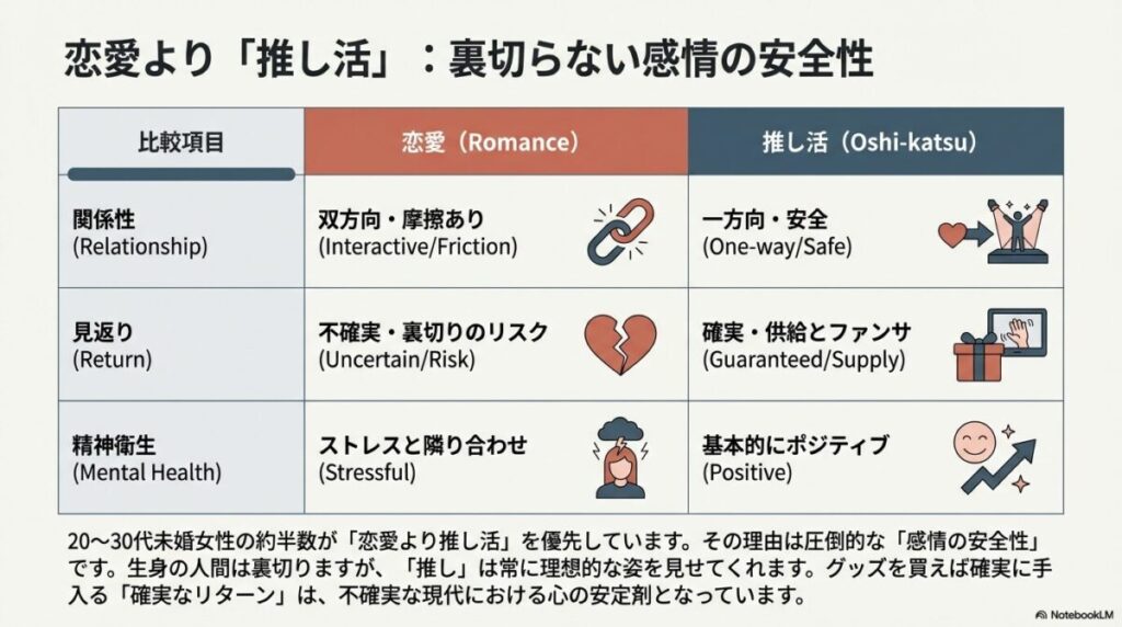 「恋愛」と「推し活」を、関係性・見返り・精神衛生の3項目で比較し、推し活の方が「感情の安全性」が高いことを示している表
