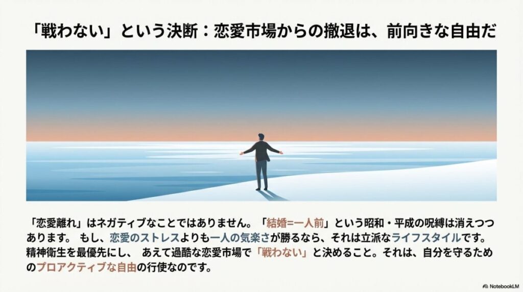 シンプルなテキストスライド。「恋愛市場からの撤退は、前向きな自由だ」というメッセージが記されている。