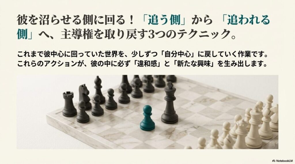 チェス盤の上でポーン（歩兵）が主導権を握る様子。彼中心の世界から自分中心の世界へ移行するコンセプト図。