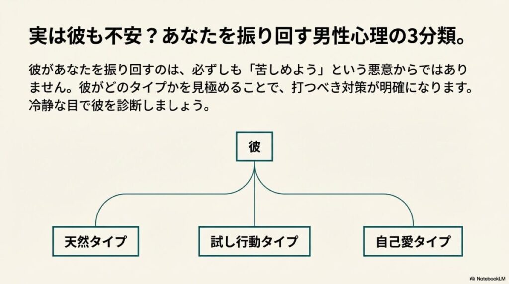男性心理を「天然タイプ」「試し行動タイプ」「自己愛タイプ」の3つに分類したチャート図。