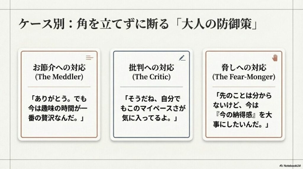 お節介な人、批判的な人、不安を煽る人それぞれに対する具体的な「大人の断り文句」をまとめたリスト。