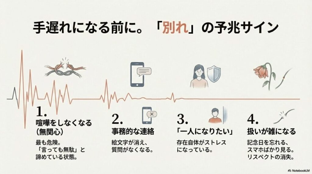 喧嘩がなくなる、事務的な連絡など、関係が終わる直前に現れる4つの危険なサインと枯れかけた花のイラスト