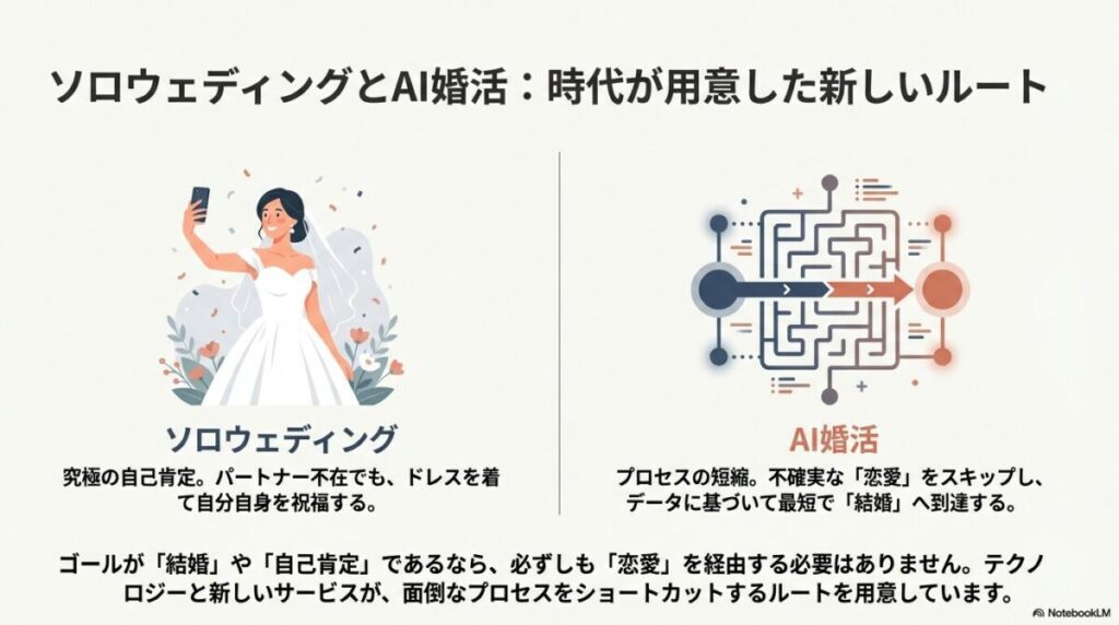 迷路をショートカットする矢印の図と、ソロウェディングを楽しむ女性のイラスト