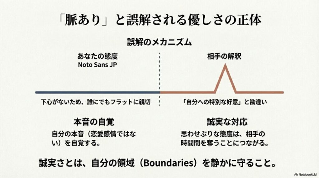 誰にでもフラットに親切な態度が、相手に「自分への好意」と勘違いされるメカニズムと、境界線（Boundaries）を守る誠実さについての図解。
