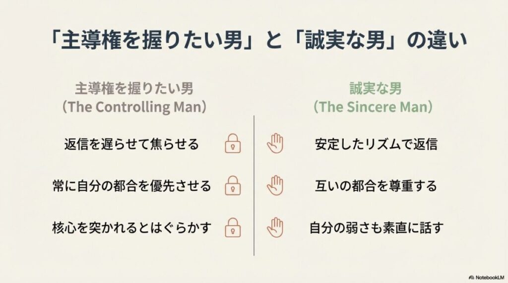 返信のリズム、予定の優先順位、会話の内容など、「主導権を握りたい男」と「誠実な男」の特徴を比較した表