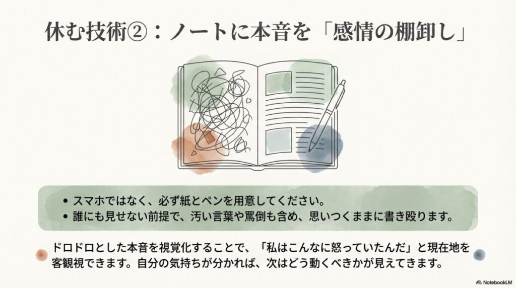 ノートに本音を書き殴って感情の棚卸しをするメンタルケアの方法