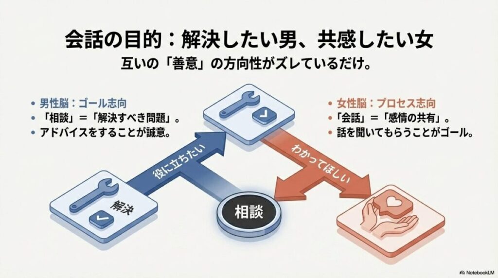 ゴール志向（問題解決）の男性と、プロセス志向（感情共有）の女性の会話の目的の違いを比較した図