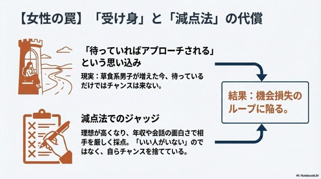 高い塔の上で王子様を待ち続ける女性のイラスト。「待っていればアプローチされる」という思い込みと減点法のジャッジにより、機会損失ループに陥っている図