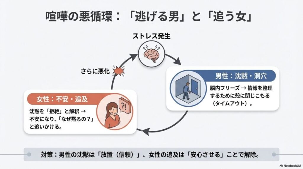 脳内フリーズして黙る男性と、沈黙を拒絶と捉えて追いかける女性の心理メカニズムの図解