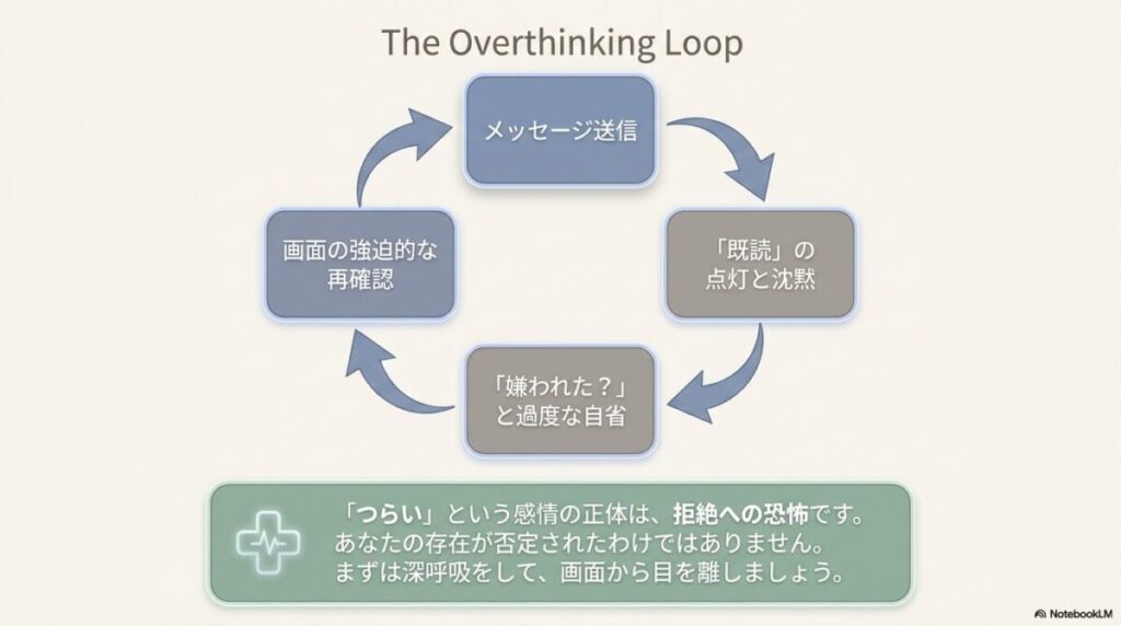 「考えすぎの悪循環(The Overthinking Loop)」の図解スライド。メッセージ送信 → 画面の強迫的な再確認 → 「嫌われた?」と過度な自省 → 「既読」の点灯と沈黙、という4つのステップで不安がつらくなる仕組みを説明している。