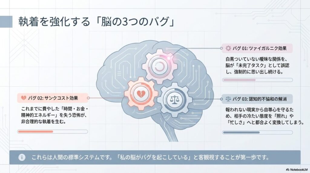 諦められない原因となる3つの認知バイアス(脳の思い込み)の解説