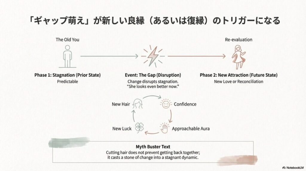 髪型を変えることで「ギャップ萌え」を生み出し、停滞した関係に変化を与えて復縁や良縁を呼ぶ仕組みの図解