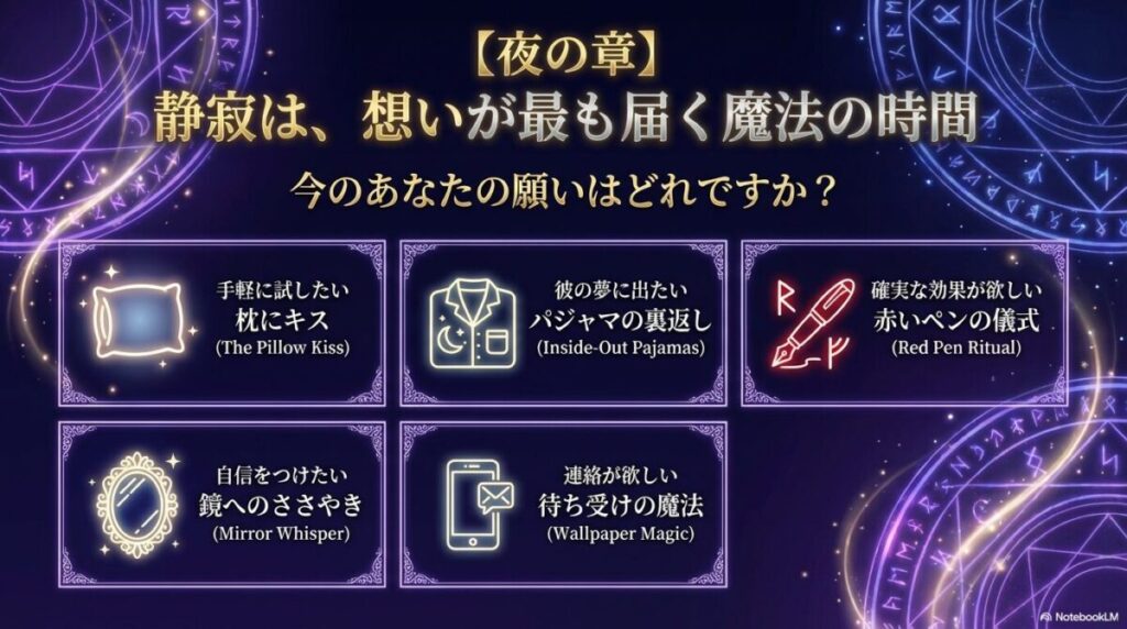 枕にキス、パジャマの裏返し、鏡へのささやき、待ち受けの魔法など、夜に一人で行う恋愛成就のおまじない一覧。