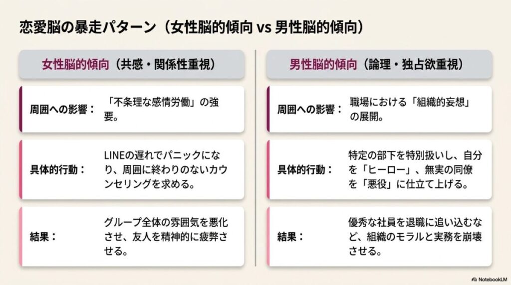 恋愛不安や過剰な共感依存など、女性型恋愛脳の特徴と周囲への影響をまとめた比較図