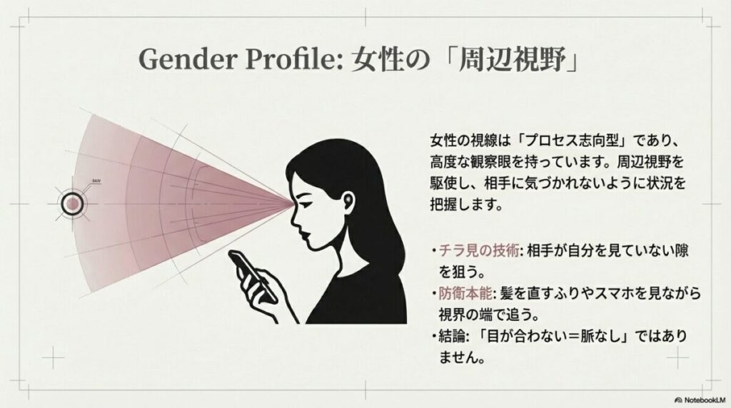 気づかれないように視界の端で相手を追う女性の高度な観察技術