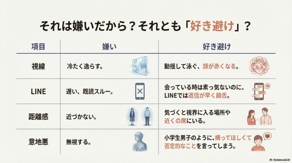 「視線」「LINE」「距離感」などの項目別に、嫌いな場合と好き避け（脈あり）の場合の行動の違いをまとめた比較表